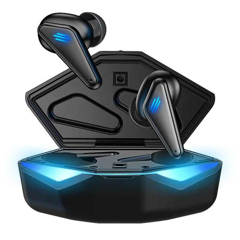 Blue Private Model K55 wireless Bluetooth gaming headset with earplug design.