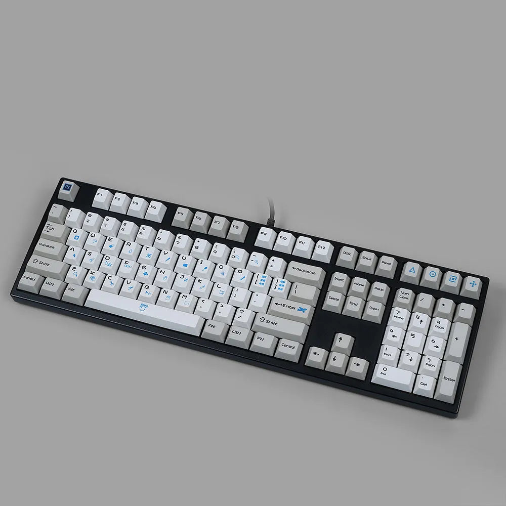 108-key PS theme sublimation keycap set in blue and white or grey and white for mechanical keyboard DIY replacement