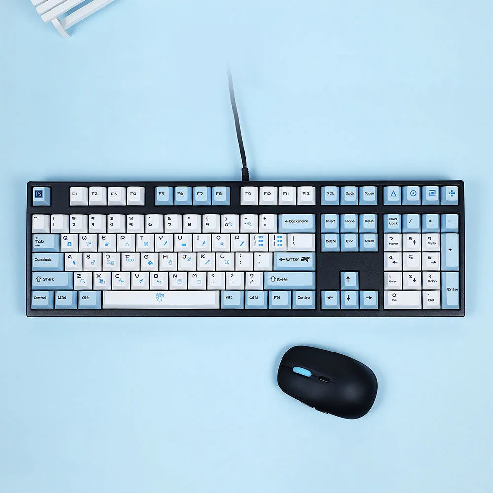 108-key PS theme sublimation keycap set in blue and white or grey and white for mechanical keyboard DIY replacement