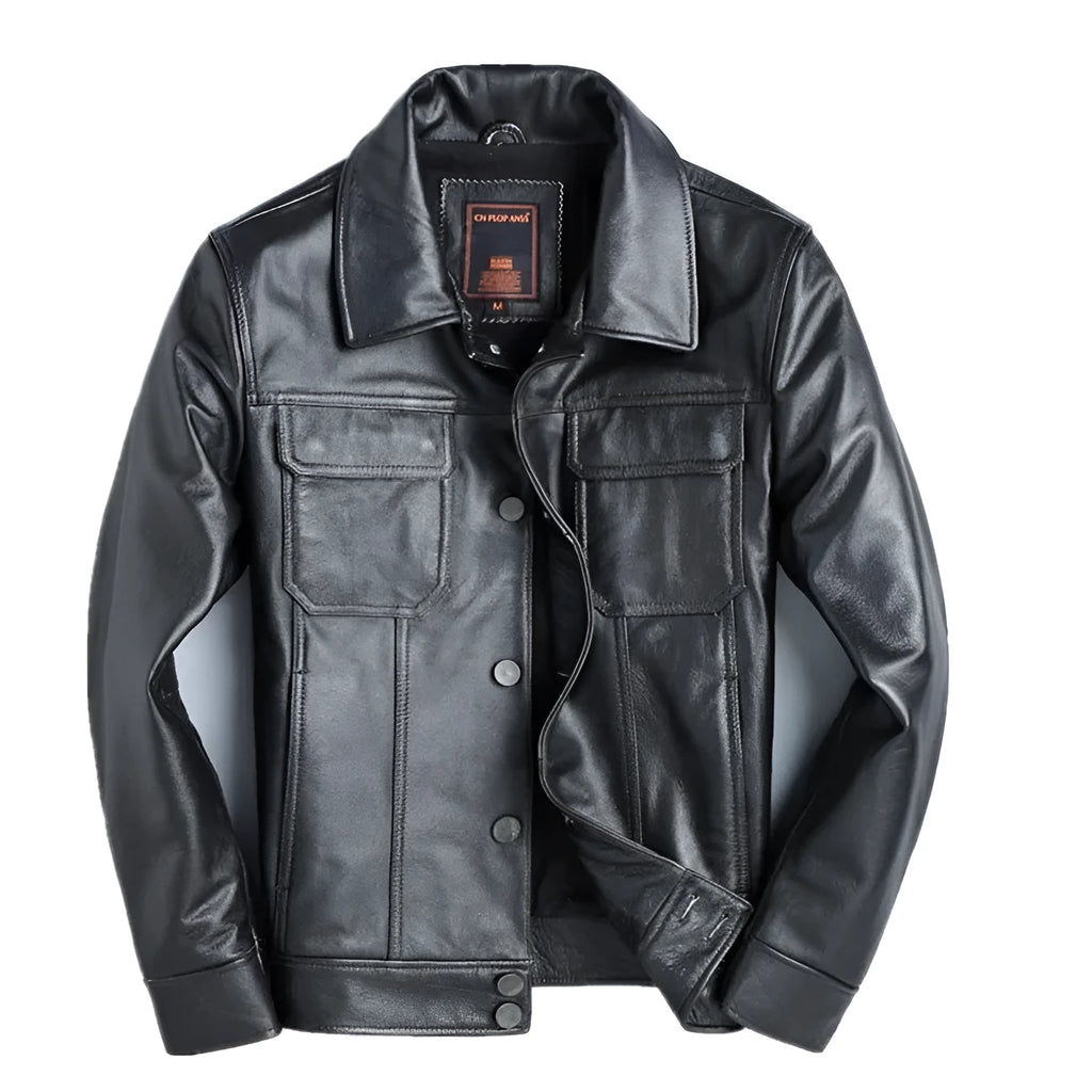Men's short slim black first layer cowhide leather jacket with lapel collar and zip placket, sizes M and L