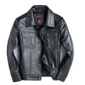 Men's short slim black first layer cowhide leather jacket with lapel collar and zip placket, sizes M and L