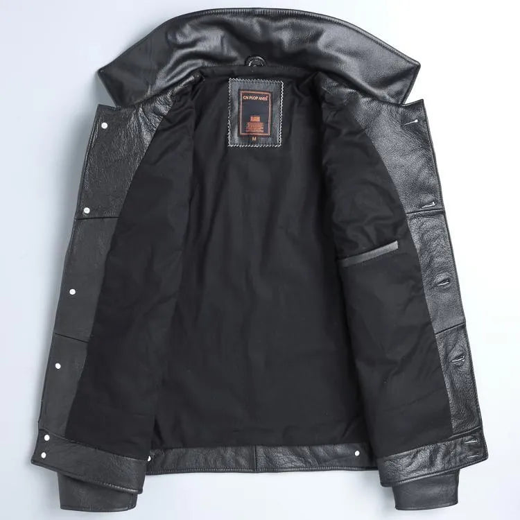 Men's short slim black first layer cowhide leather jacket with lapel collar and zip placket, sizes M and L