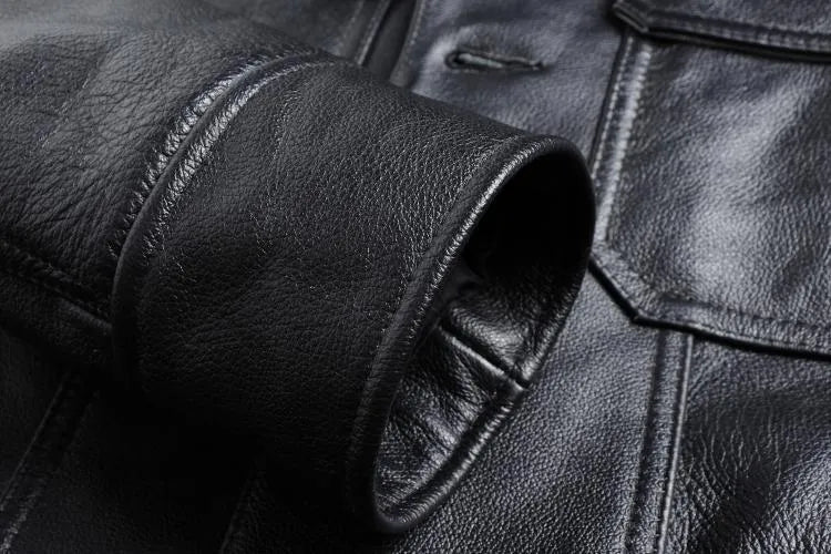 Men's short slim black first layer cowhide leather jacket with lapel collar and zip placket, sizes M and L