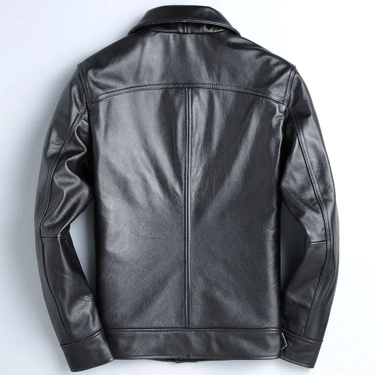 Men's short slim black first layer cowhide leather jacket with lapel collar and zip placket, sizes M and L