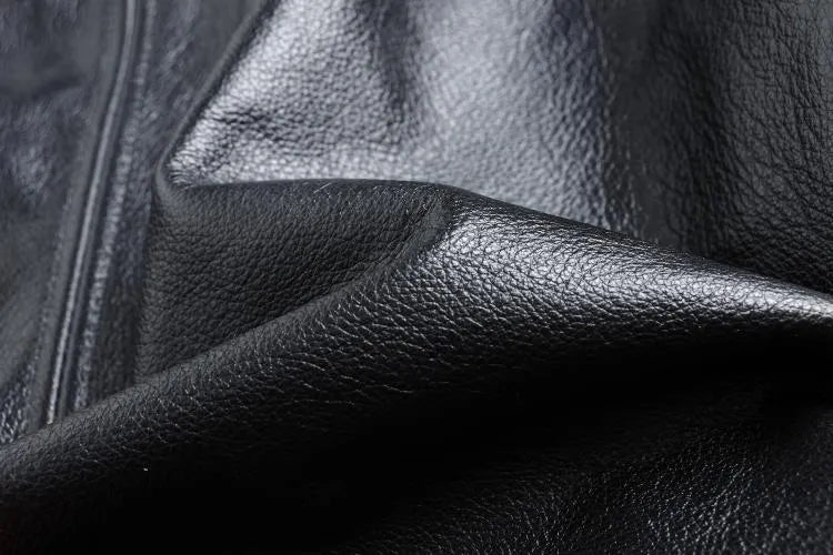 Men's short slim black first layer cowhide leather jacket with lapel collar and zip placket, sizes M and L