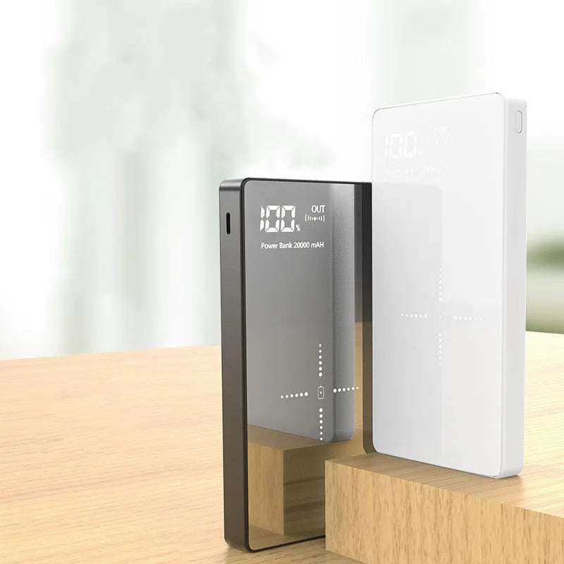 20000mAh wireless power bank with digital display, mirror finish, two USB ports, black or white, 73mm x 153mm x 22mm