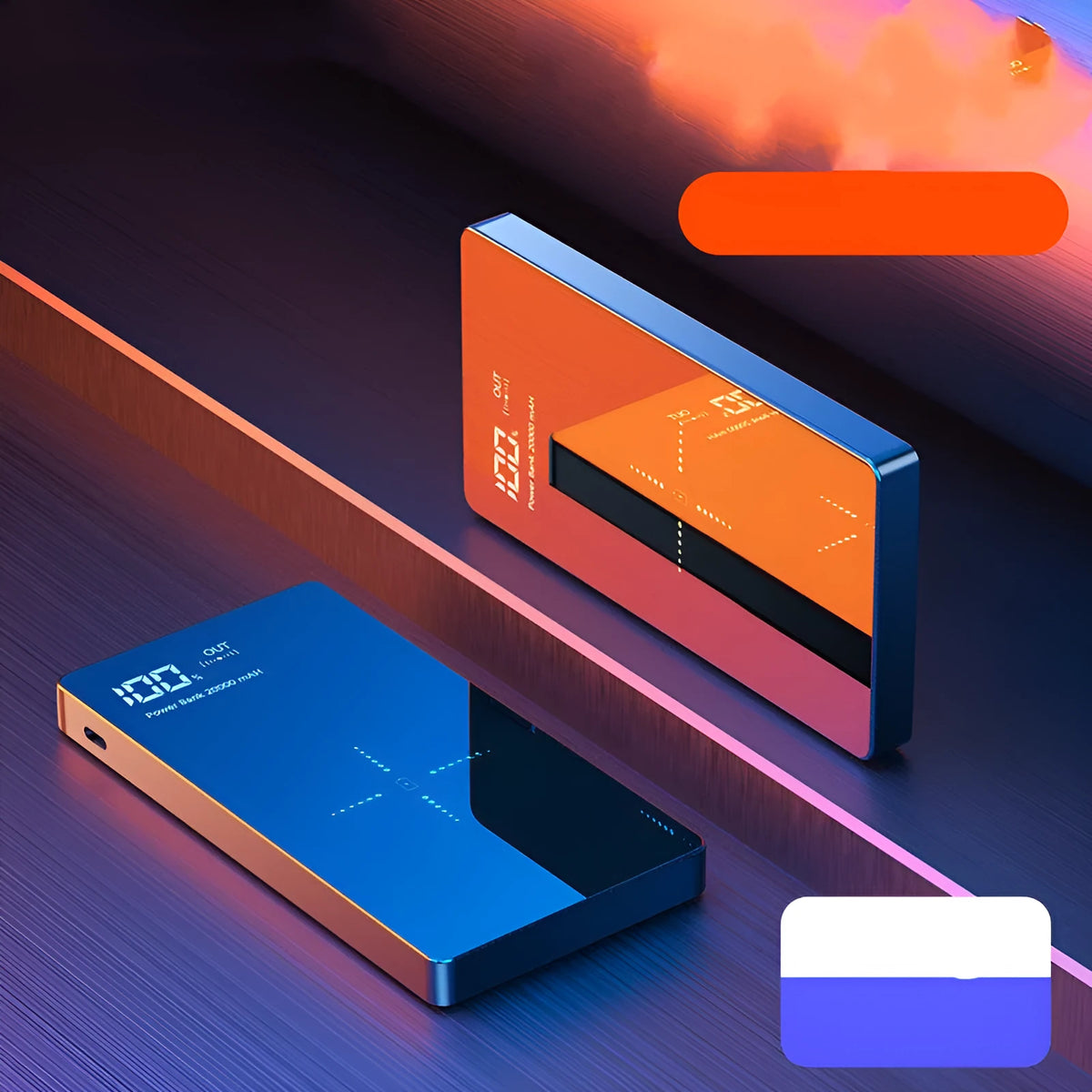 20000mAh wireless power bank with digital display, mirror finish, two USB ports, black or white, 73mm x 153mm x 22mm