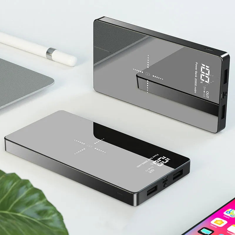 20000mAh wireless power bank with digital display, mirror finish, two USB ports, black or white, 73mm x 153mm x 22mm