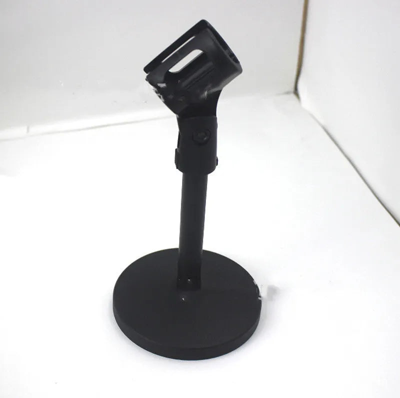 Black metal desktop microphone bracket with 22cm height and 10.5cm base for conference recording