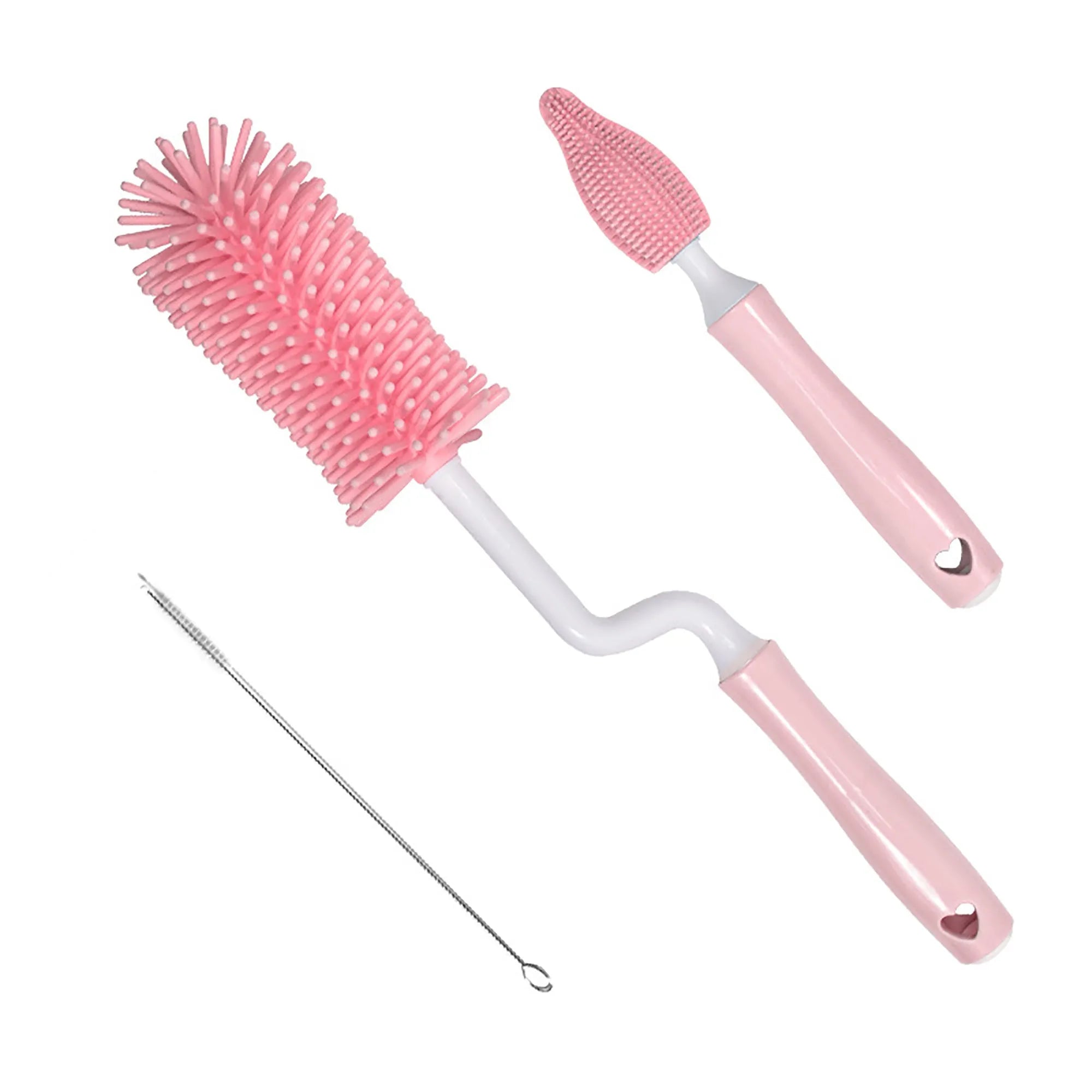 Silicone baby bottle brush set with straw cleaning attachment in pink, blue, and yellow colour options