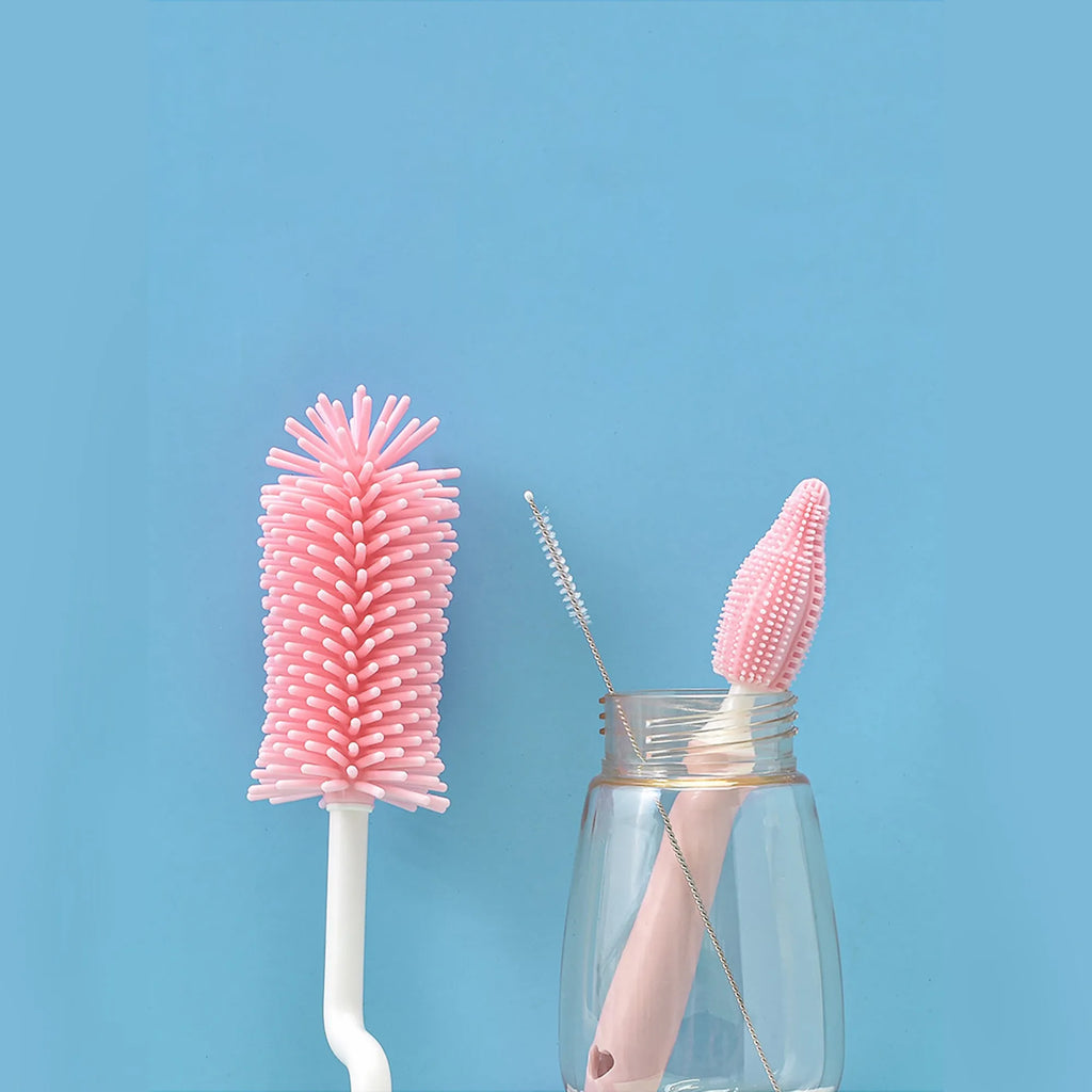Silicone baby bottle brush set with straw cleaning attachment in pink, blue, and yellow colour options