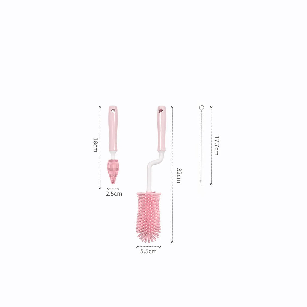 Silicone baby bottle brush set with straw cleaning attachment in pink, blue, and yellow colour options