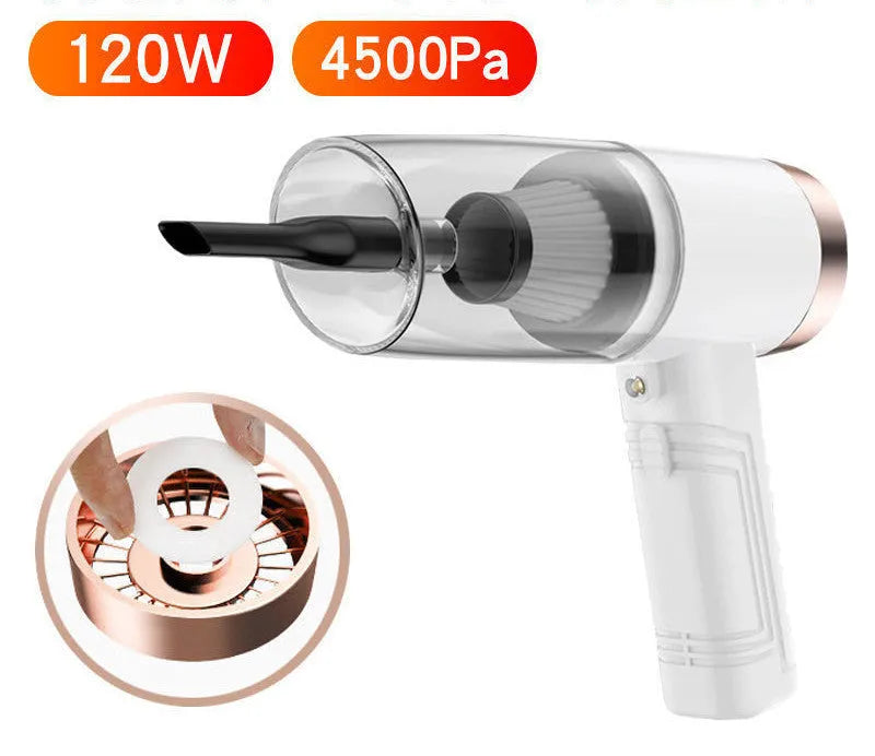 Powerful mini car vacuum cleaner with accessories in black or white for home and vehicle cleaning