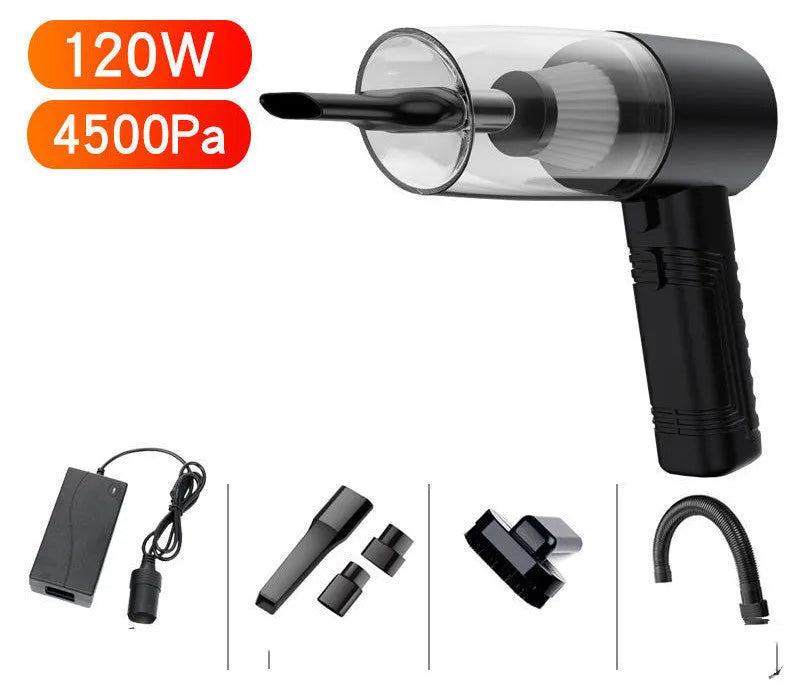Powerful mini car vacuum cleaner with accessories in black or white for home and vehicle cleaning