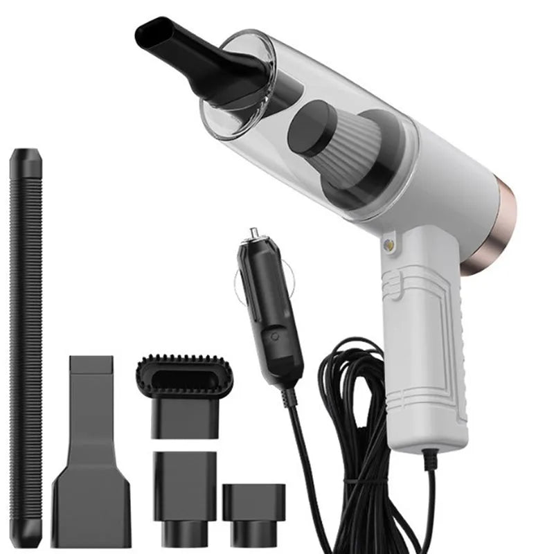 Powerful mini car vacuum cleaner with accessories in black or white for home and vehicle cleaning