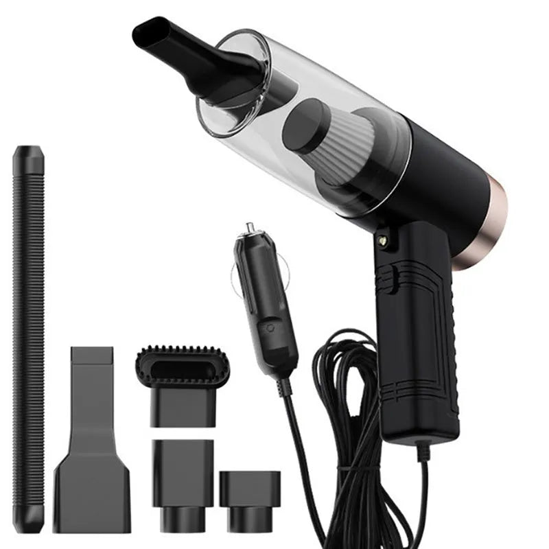 Powerful mini car vacuum cleaner with accessories in black or white for home and vehicle cleaning
