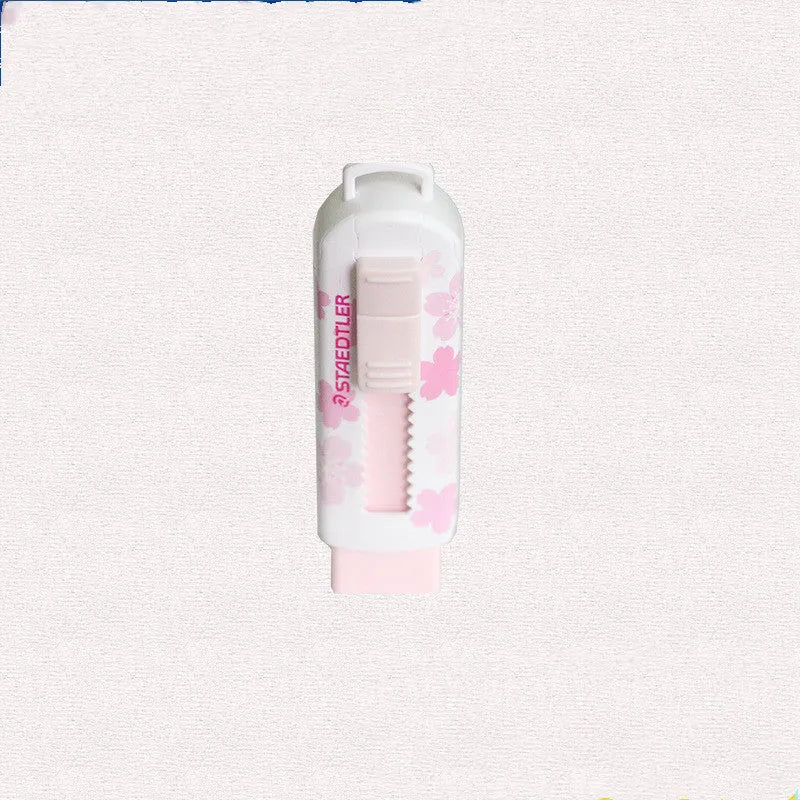 Pink square push-pull rubber eraser with replaceable core, shown with dimensions.