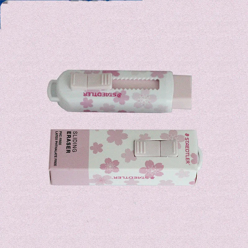 Pink square push-pull rubber eraser with replaceable core, shown with dimensions.