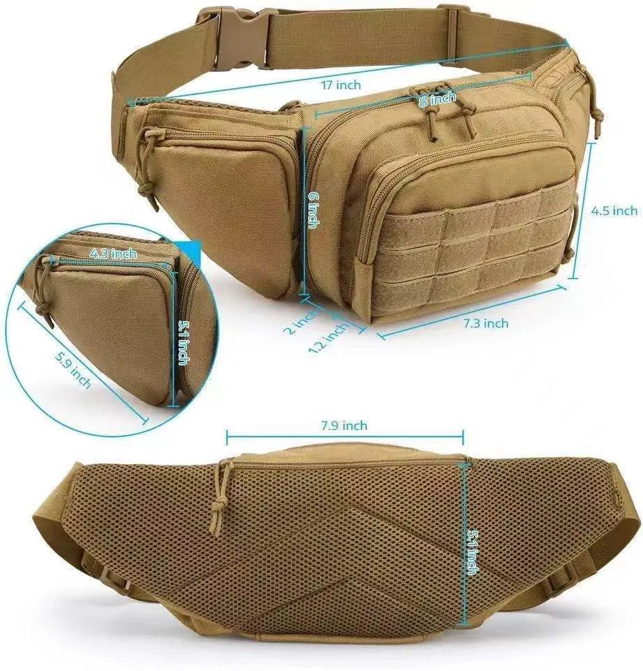 Men's tactical waist bag with MOLLE panel and adjustable belt in black or khaki
