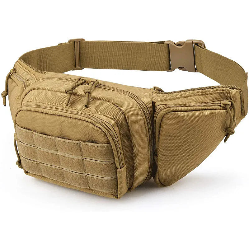 Men's tactical waist bag with MOLLE panel and adjustable belt in black or khaki