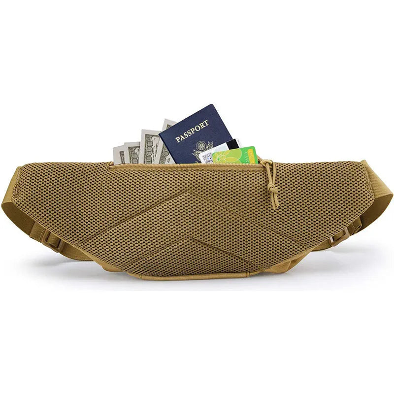 Men's tactical waist bag with MOLLE panel and adjustable belt in black or khaki