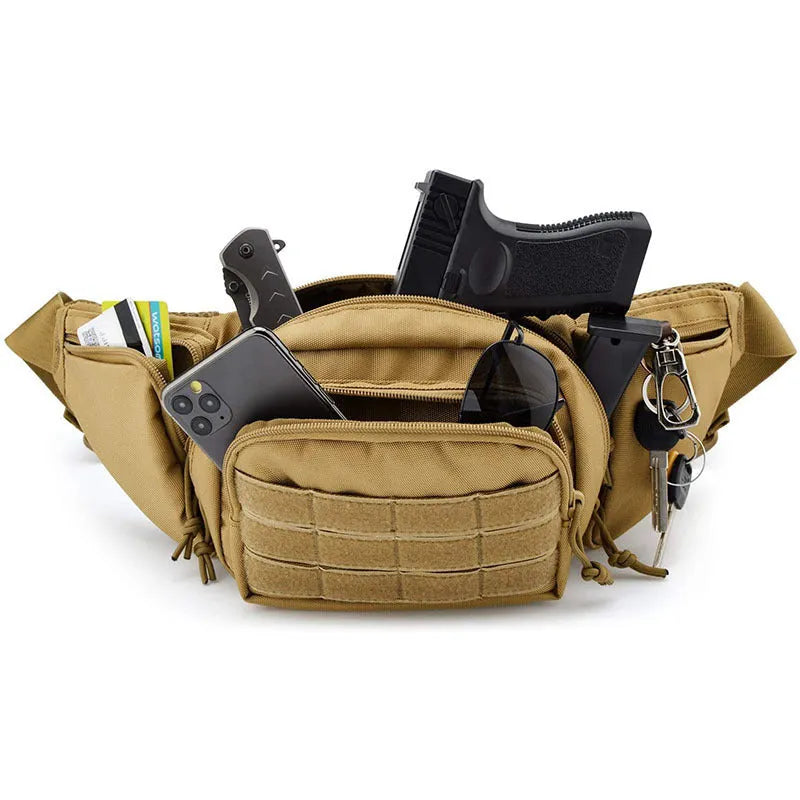 Men's tactical waist bag with MOLLE panel and adjustable belt in black or khaki