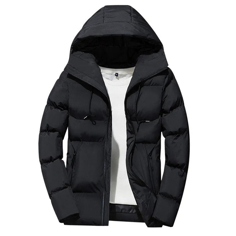 Men's hooded padded jacket in black, dark blue or dark grey, zip front, thicker polyester filler, sizes M to XXXXL