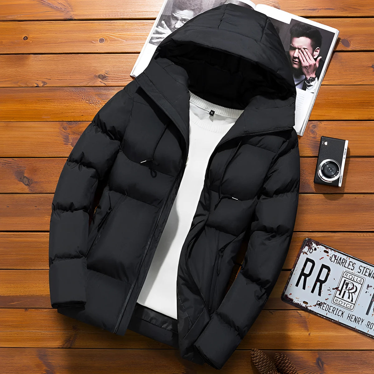 Men's hooded padded jacket in black, dark blue or dark grey, zip front, thicker polyester filler, sizes M to XXXXL