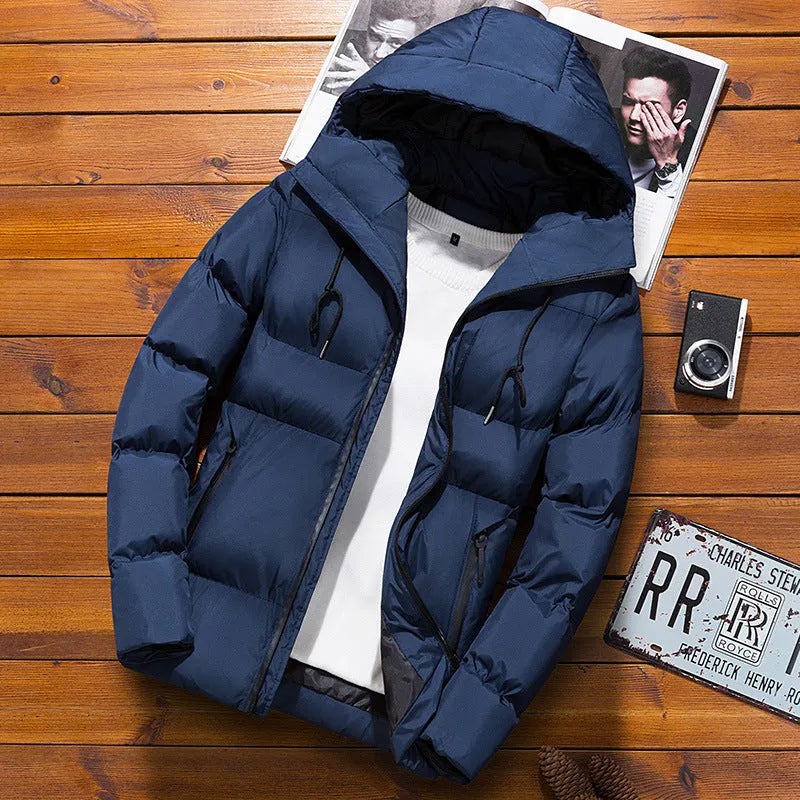 Men's hooded padded jacket in black, dark blue or dark grey, zip front, thicker polyester filler, sizes M to XXXXL