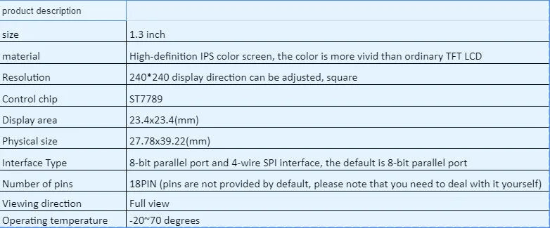 1.3-inch square IPS LCD colour display module with 240x240 resolution and 18-pin connector.
