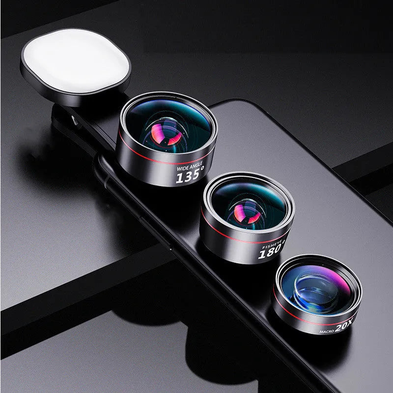 Universal smartphone fill light and camera lens attachment kit with wide angle, macro, and fisheye options