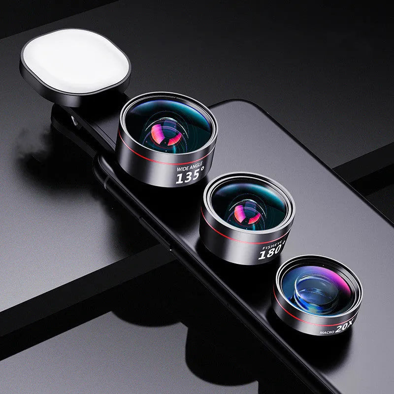 Universal smartphone fill light and camera lens attachment kit with wide angle, macro, and fisheye options