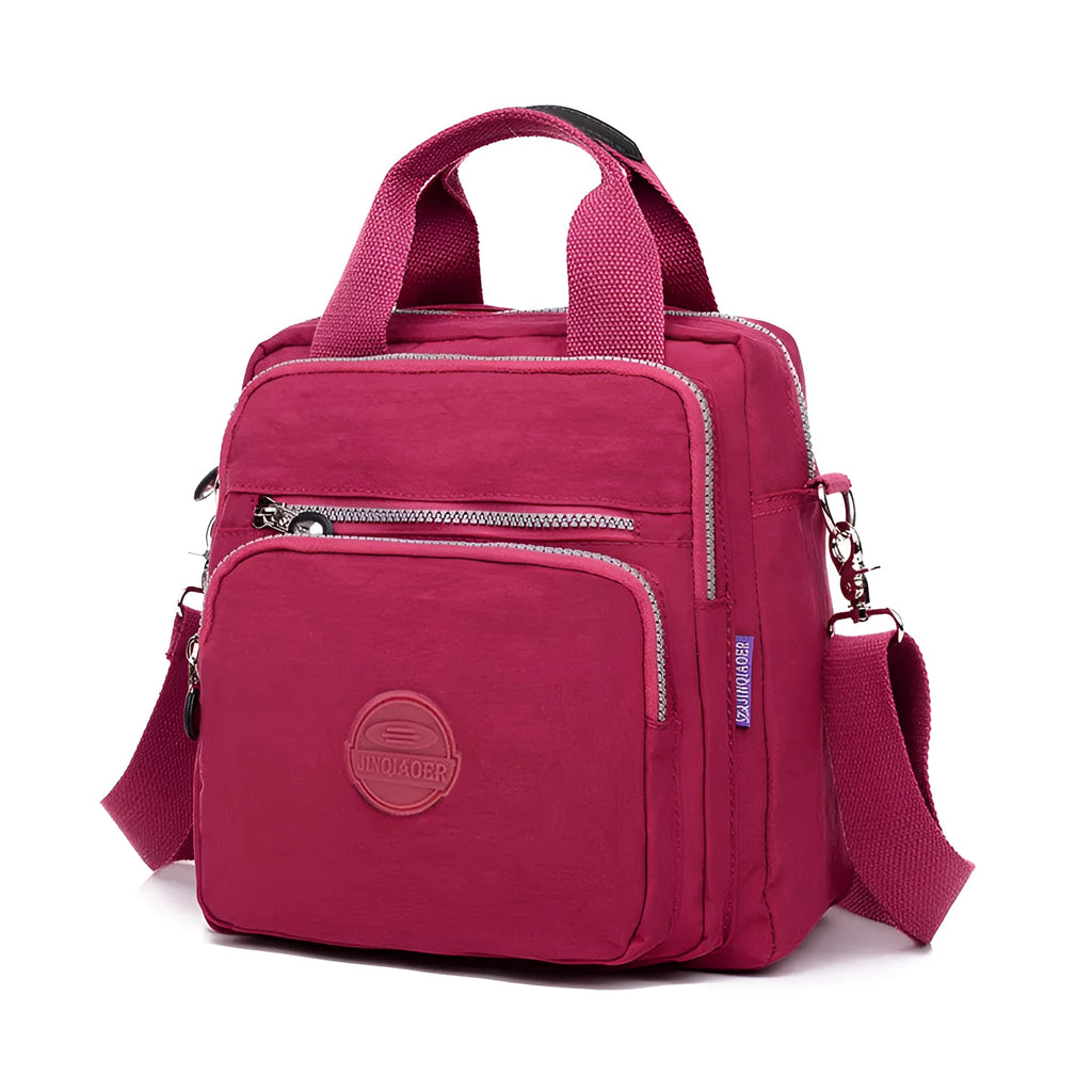 Ladies waterproof nylon cross-body shoulder bag, 25cm high, 24cm long, 12cm thick, in dark blue, black and beige.