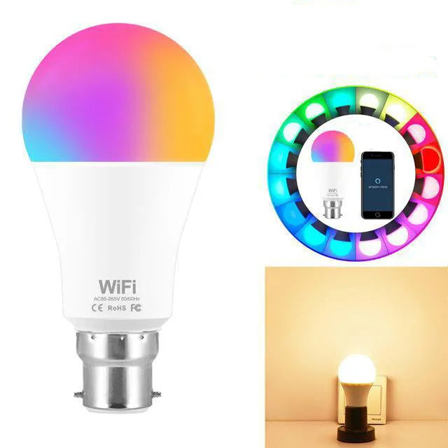 15W WiFi smart LED bulb with E27 and B22 fittings for RGB colour and white light