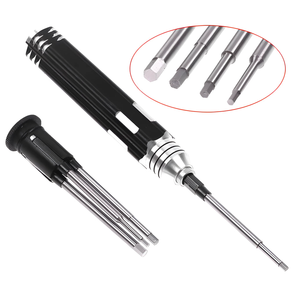 Black aluminium handle four-in-one hex screwdriver set for aeromodelling with 1.5mm, 2mm, 2.5mm, and 3mm heads.