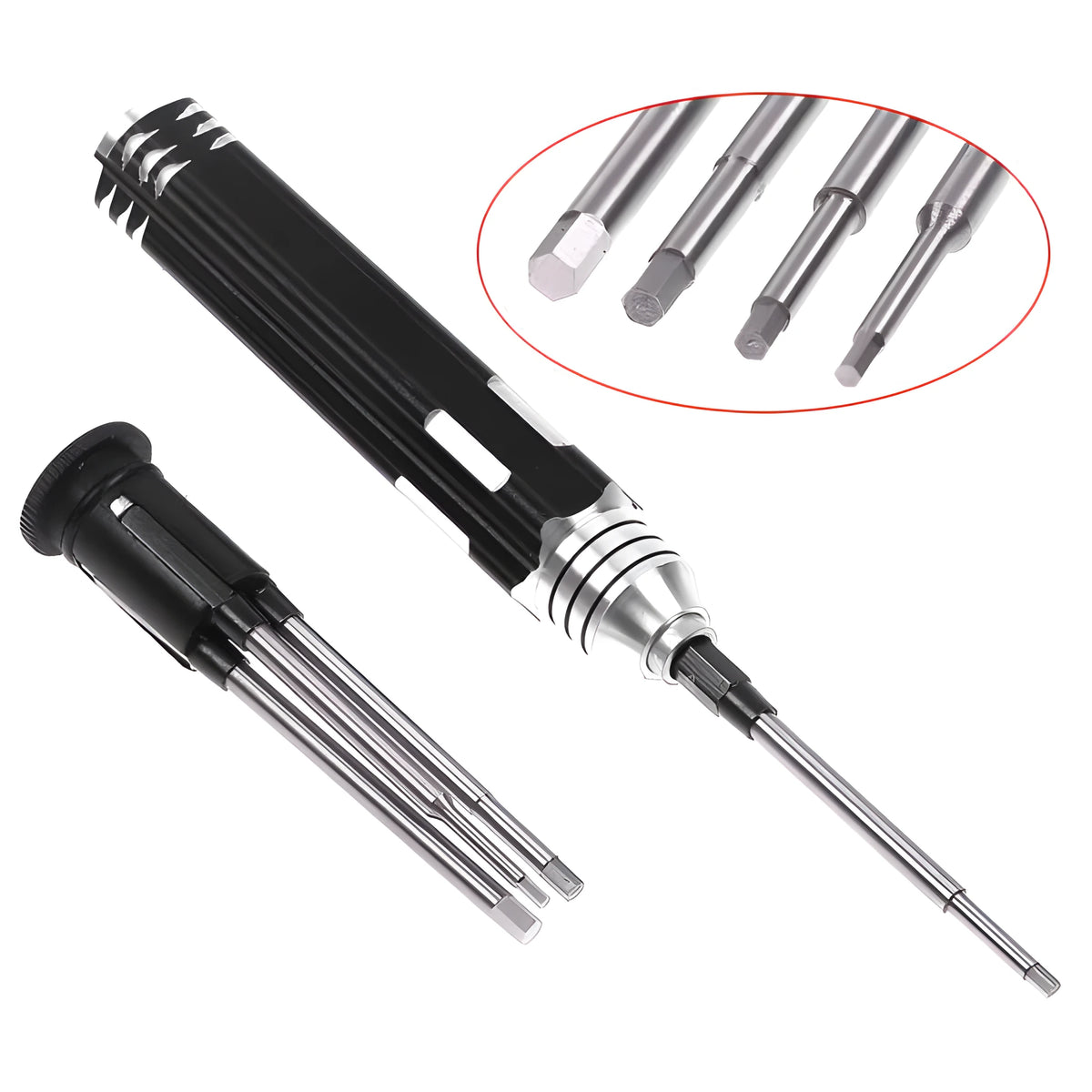 Black aluminium handle four-in-one hex screwdriver set for aeromodelling with 1.5mm, 2mm, 2.5mm, and 3mm heads.