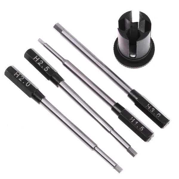 Black aluminium handle four-in-one hex screwdriver set for aeromodelling with 1.5mm, 2mm, 2.5mm, and 3mm heads.