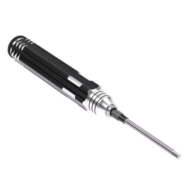 Black aluminium handle four-in-one hex screwdriver set for aeromodelling with 1.5mm, 2mm, 2.5mm, and 3mm heads.