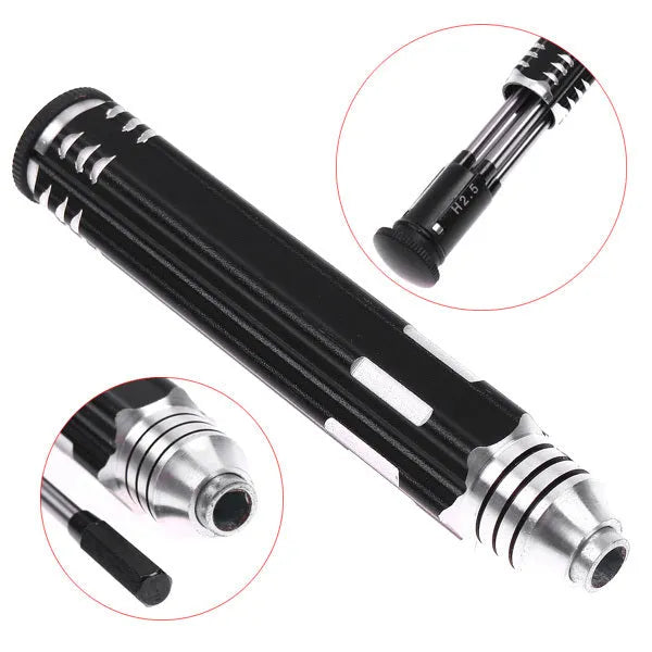 Black aluminium handle four-in-one hex screwdriver set for aeromodelling with 1.5mm, 2mm, 2.5mm, and 3mm heads.