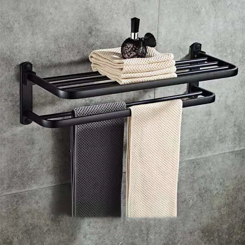 Perforated aluminium bathroom folding shelf with two tiers and towel rack in 40cm, 50cm, or 60cm size