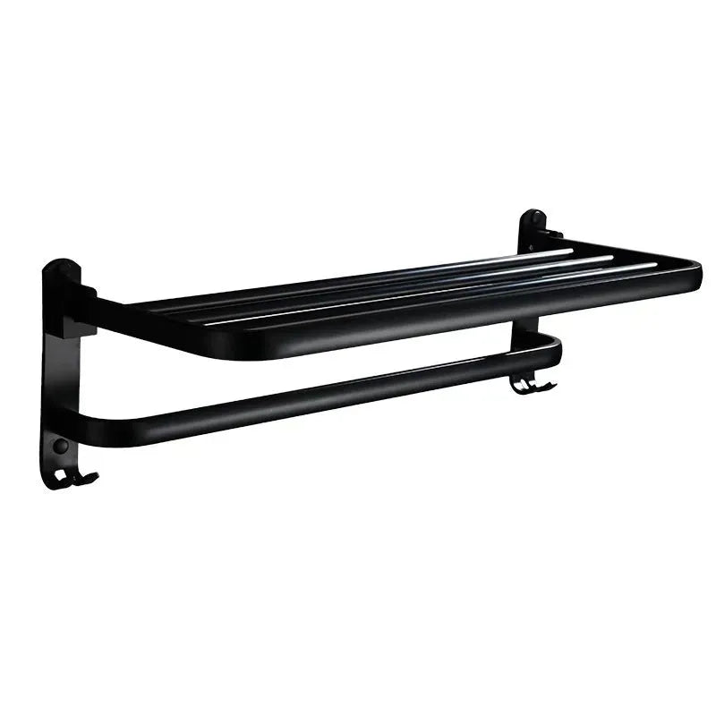 Perforated aluminium bathroom folding shelf with two tiers and towel rack in 40cm, 50cm, or 60cm size