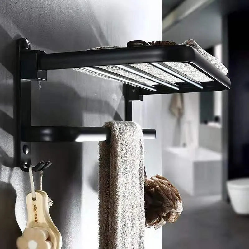 Perforated aluminium bathroom folding shelf with two tiers and towel rack in 40cm, 50cm, or 60cm size