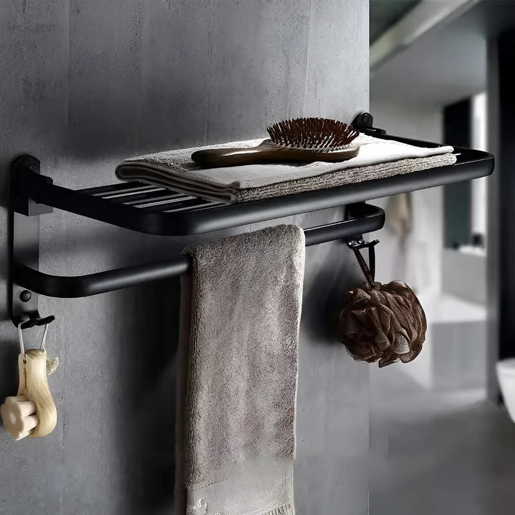 Perforated aluminium bathroom folding shelf with two tiers and towel rack in 40cm, 50cm, or 60cm size