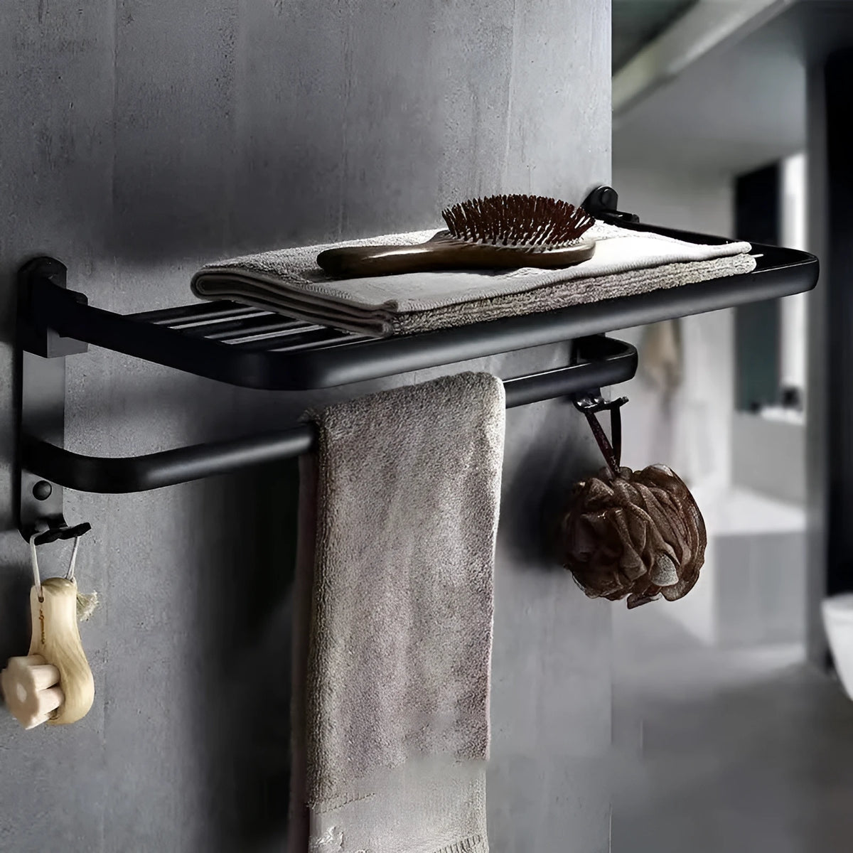 Perforated aluminium bathroom folding shelf with two tiers and towel rack in 40cm, 50cm, or 60cm size