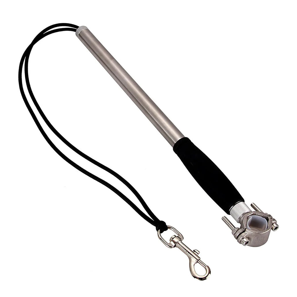 Stainless steel bike leash for dogs, black, 44cm handle, 2.2cm diameter, leash extends to 190cm.