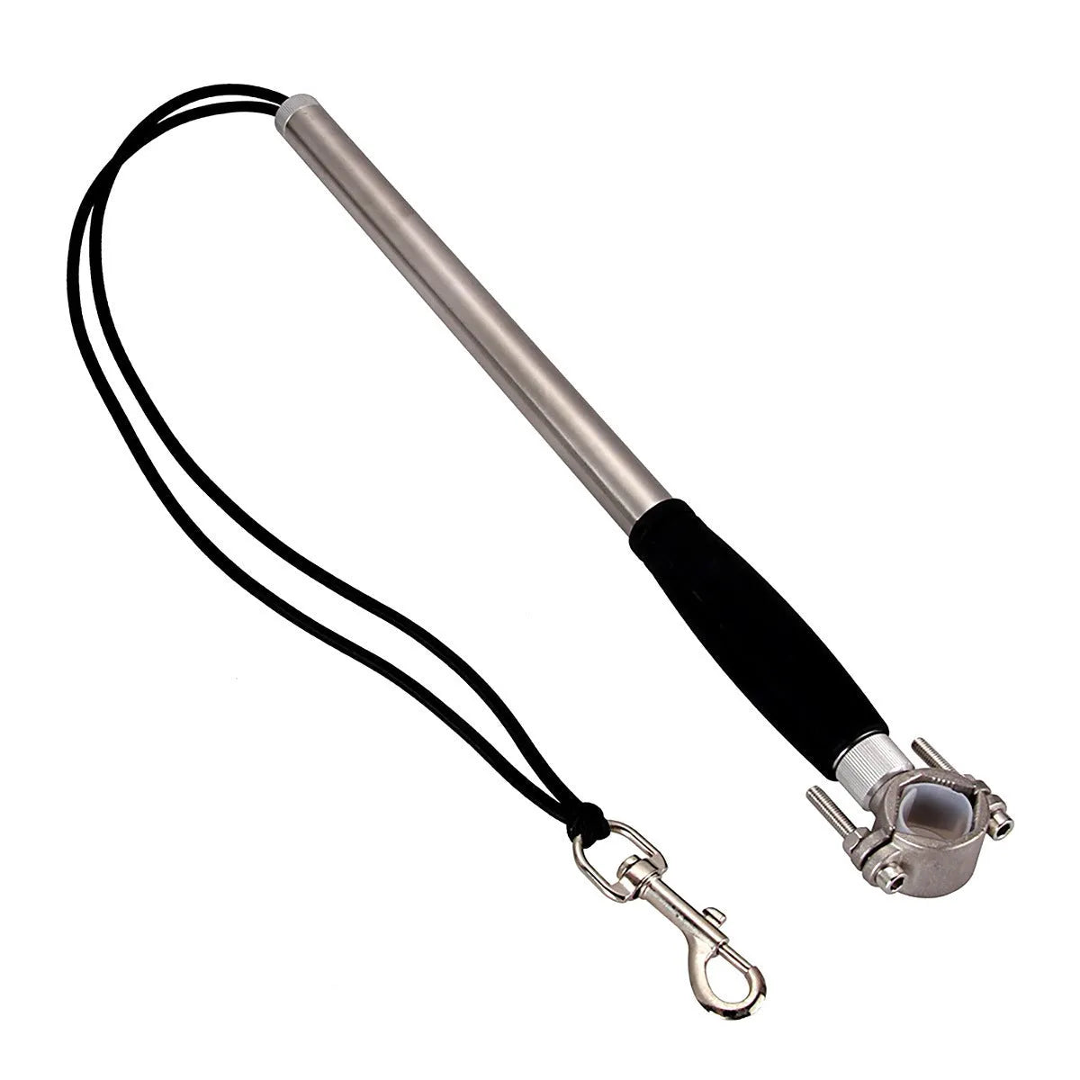 Stainless steel bike leash for dogs, black, 44cm handle, 2.2cm diameter, leash extends to 190cm.