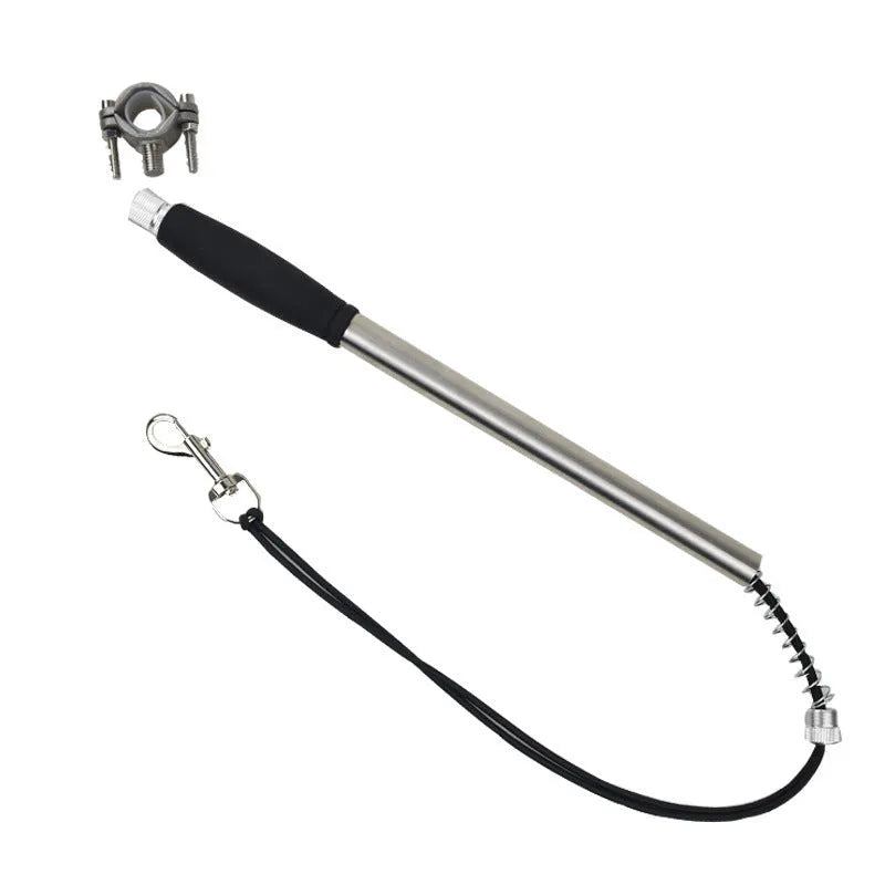 Stainless steel bike leash for dogs, black, 44cm handle, 2.2cm diameter, leash extends to 190cm.