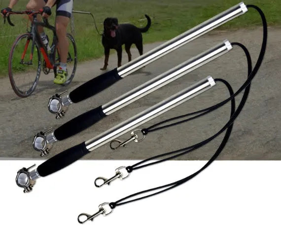 Stainless steel bike leash for dogs, black, 44cm handle, 2.2cm diameter, leash extends to 190cm.