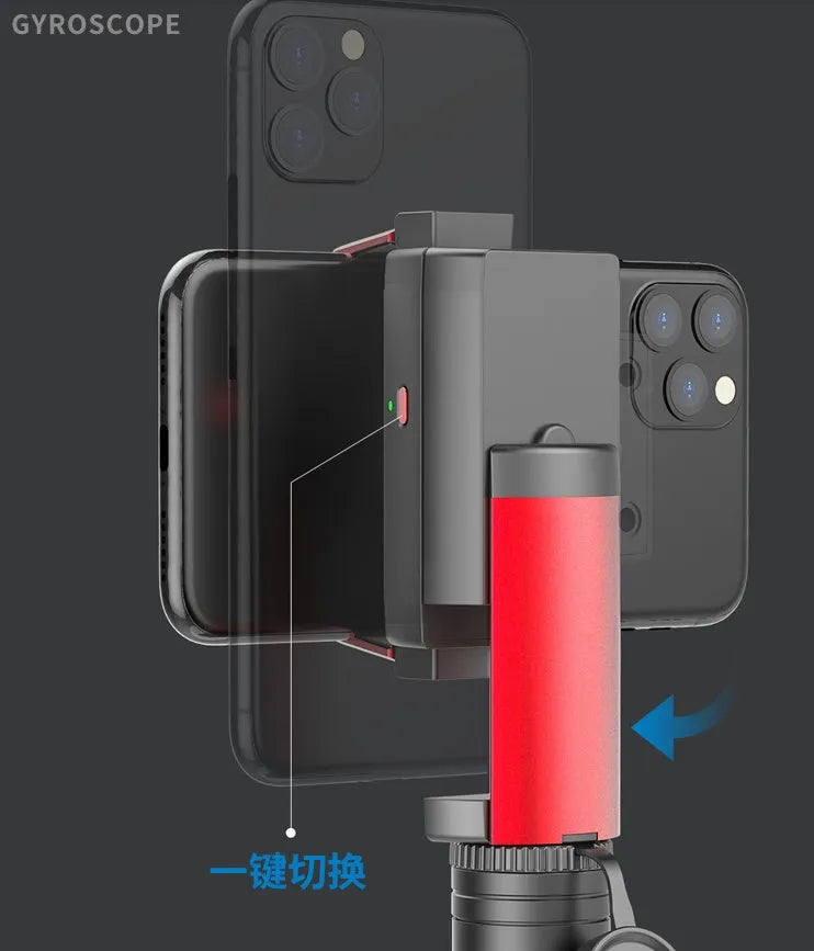 Black aluminium video stabiliser tripod extended to full height with an iPhone securely clamped.