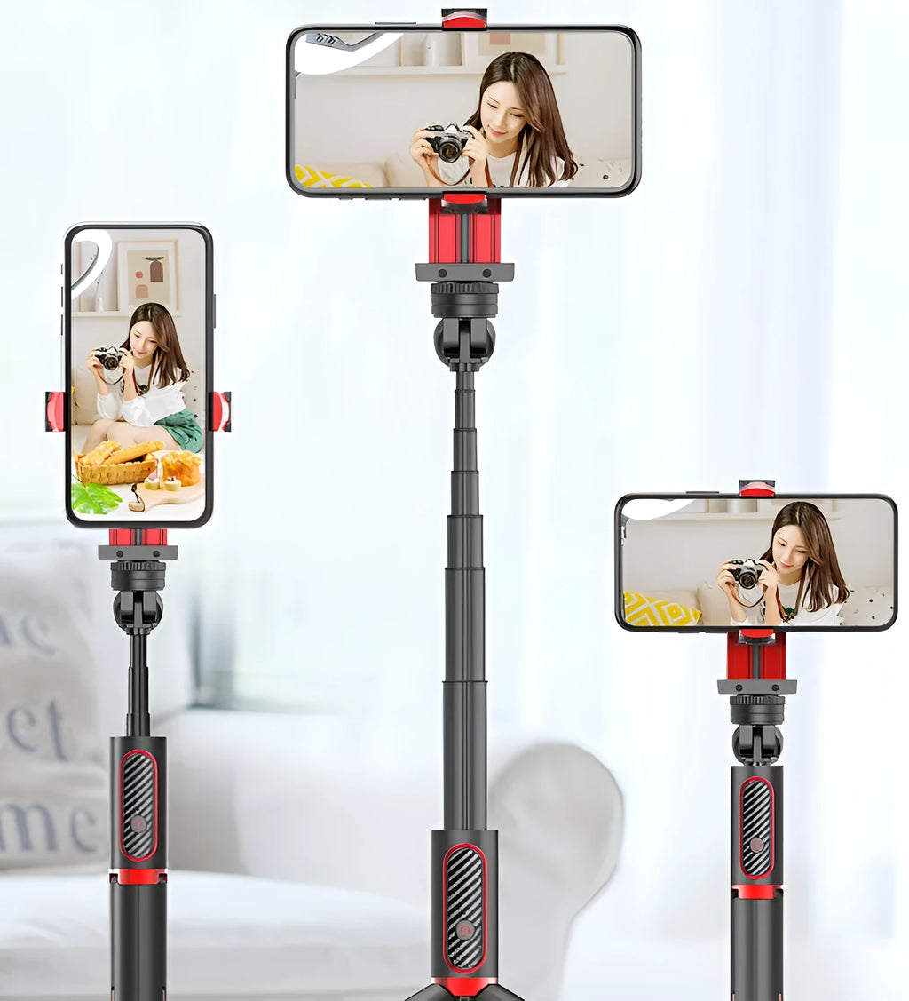 Black aluminium video stabiliser tripod extended to full height with an iPhone securely clamped.